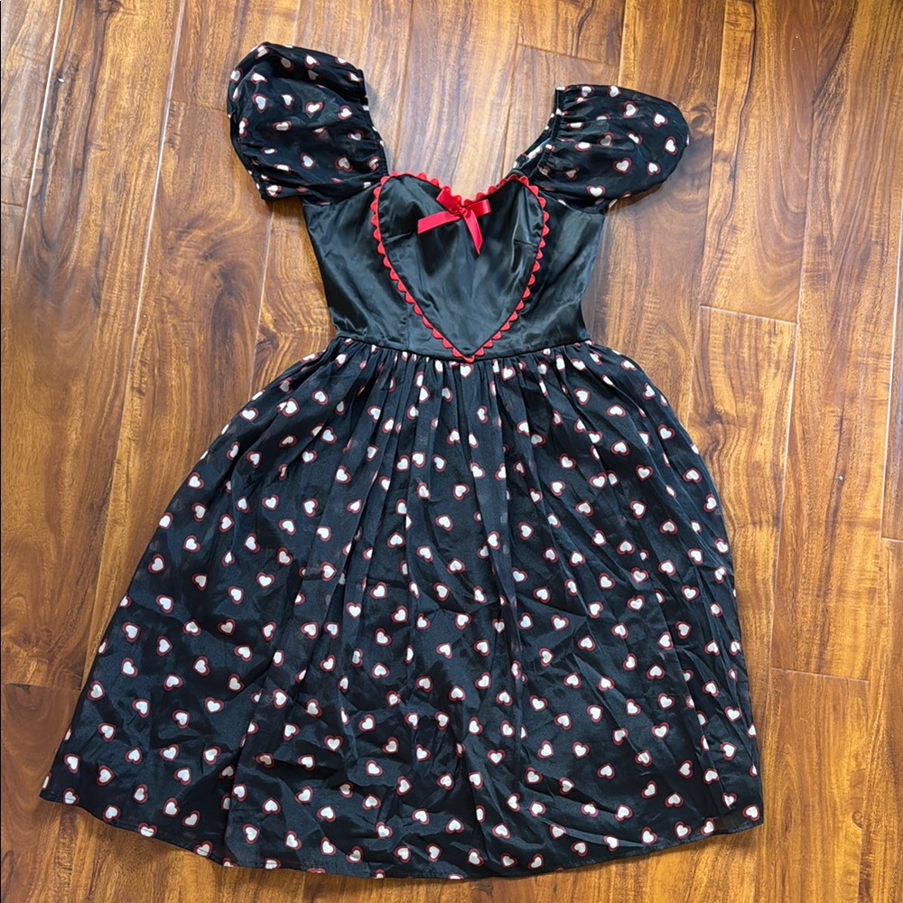 Black Dress with Heart Pattern and Red Trim Valentines Day Dress Unique Vintage